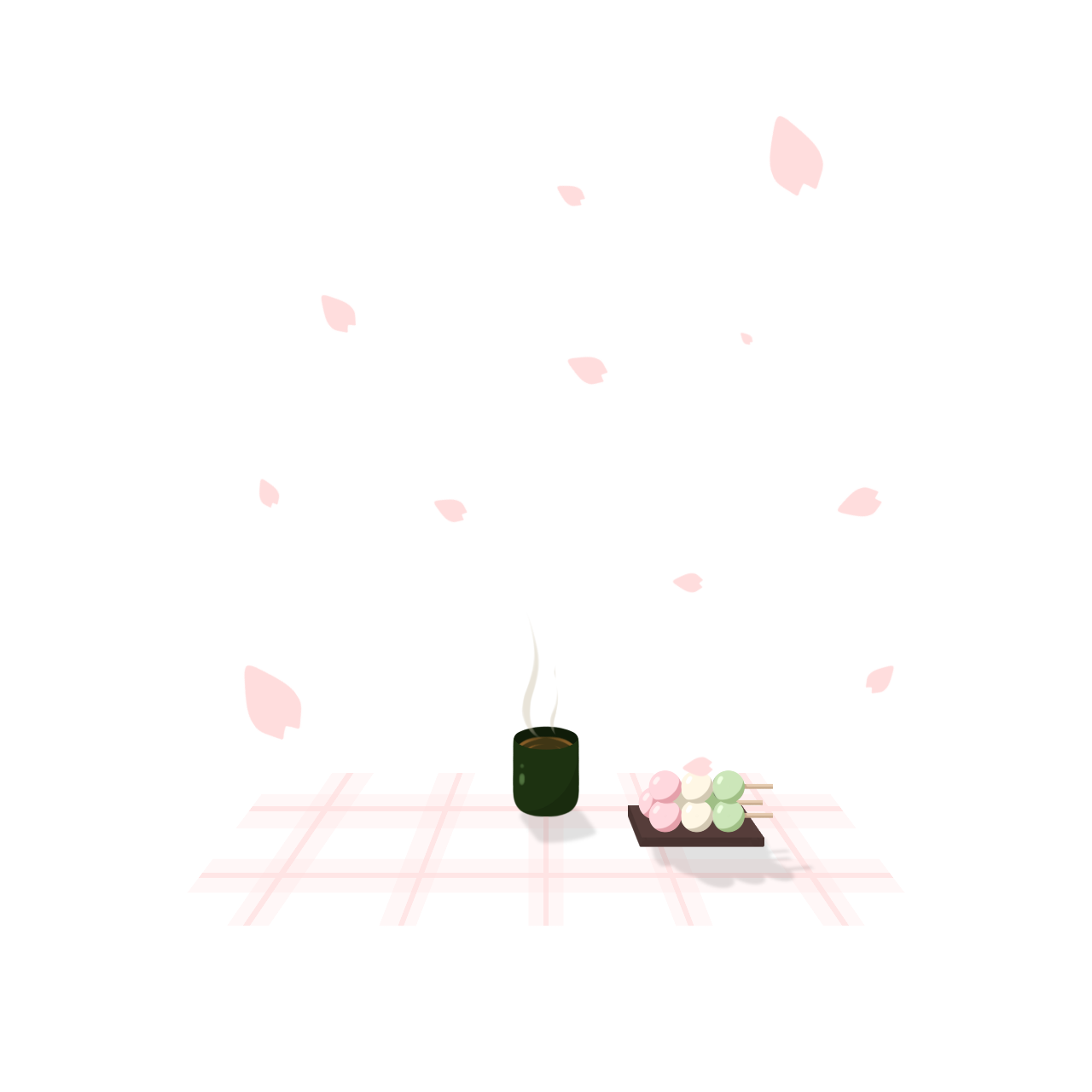 A picknick with tea and some dangos and cherry blossoms are falling.